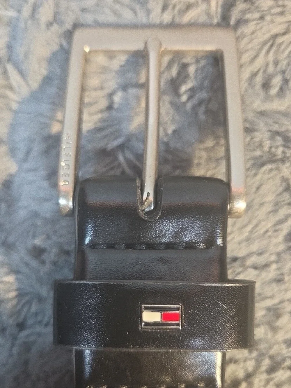 Tommy Hilfiger Black Leather Belt with Silver Buckle and Red/White/Blue Logo